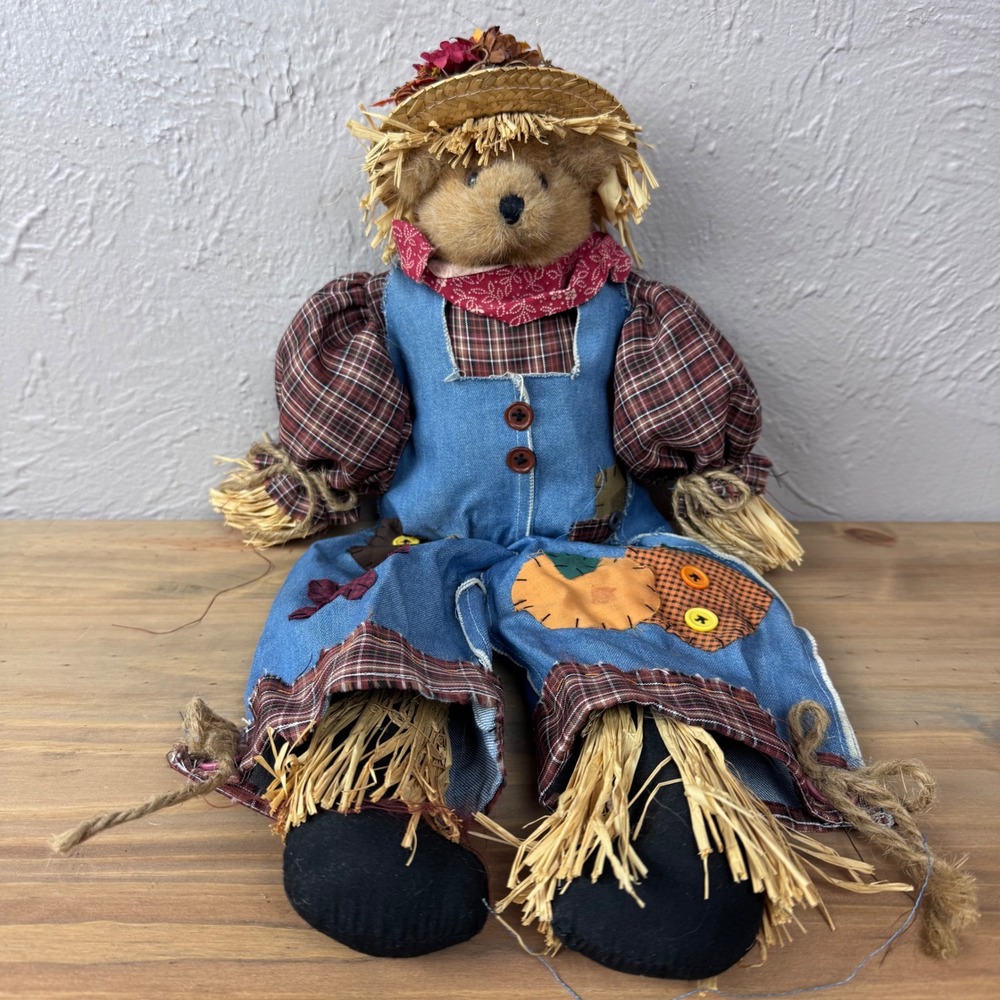 Shelf sitter scarecrow teddy bear patchwork clothes Primitive Rustic Farmhouse